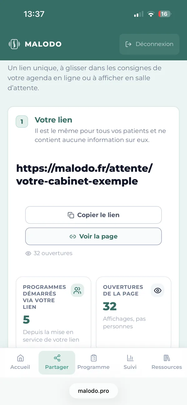 Capture de l'espace prescripteur sur téléphone : le lien de partage du cabinet, les boutons pour le copier ou voir la page, et le nombre de programmes démarrés et d'ouvertures.