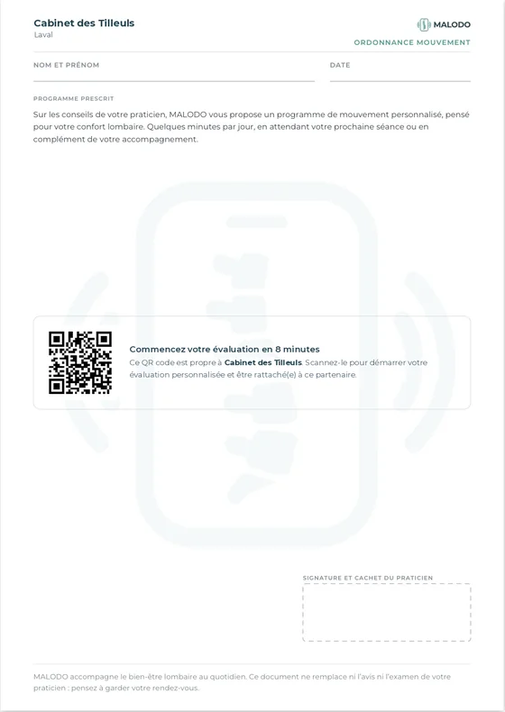Ordonnance mouvement au nom d'un cabinet : programme prescrit, champs nom et date à remplir à la main, QR code vers l'évaluation et zone de signature.