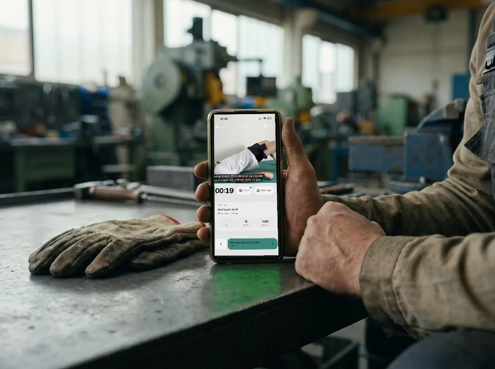 Dans un atelier, pendant la pause, un salarié tient son téléphone : l'application Malodo affiche sa séance du jour, le pont fessier au sol en vidéo, 11 répétitions.